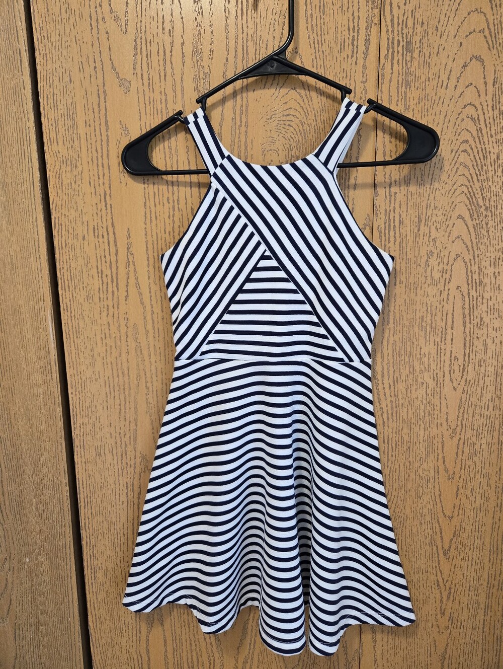 lilt Navy and White Striped Halter Skater Dress